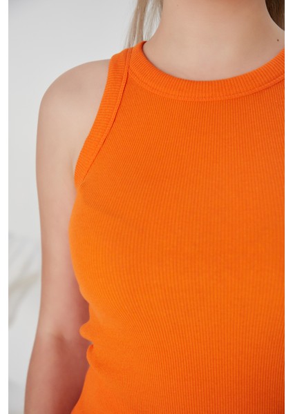 Turuncu Zargo Model Fitted/vücuda Oturan Geniş Biyeli Halter Yaka Fitilli Esnek Örme Crop Bluz