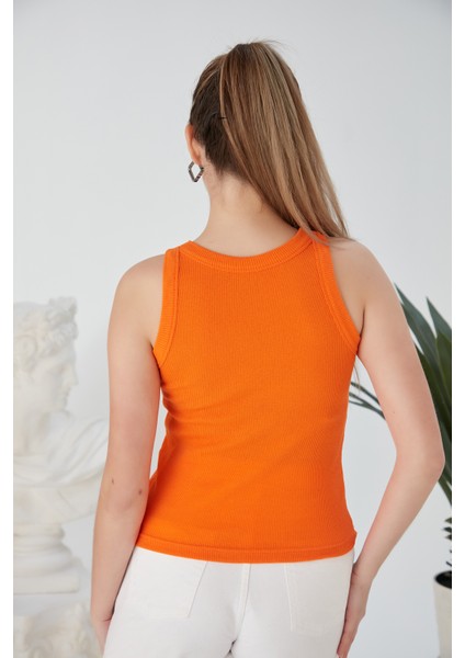 Turuncu Zargo Model Fitted/vücuda Oturan Geniş Biyeli Halter Yaka Fitilli Esnek Örme Crop Bluz