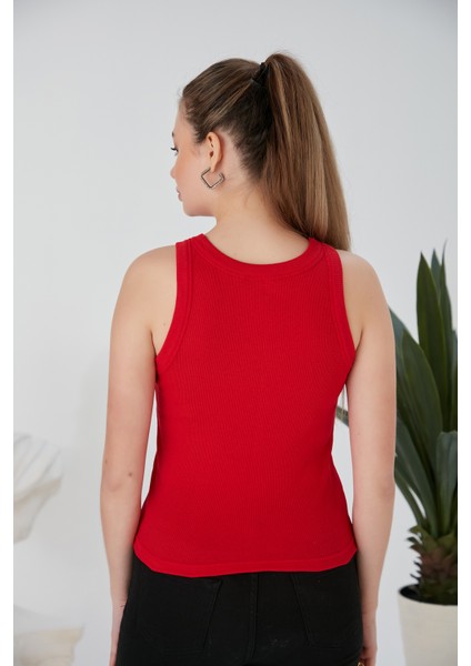 Kırmızı Zargo Model Fitted/vücuda Oturan Geniş Biyeli Halter Yaka Fitilli Esnek Örme Crop Bluz