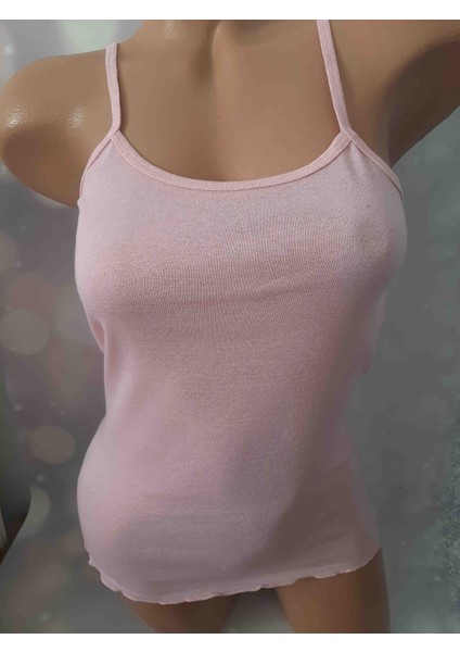 Pembe Ip Askılı %100 Cotton Ribana Kadın Atlet