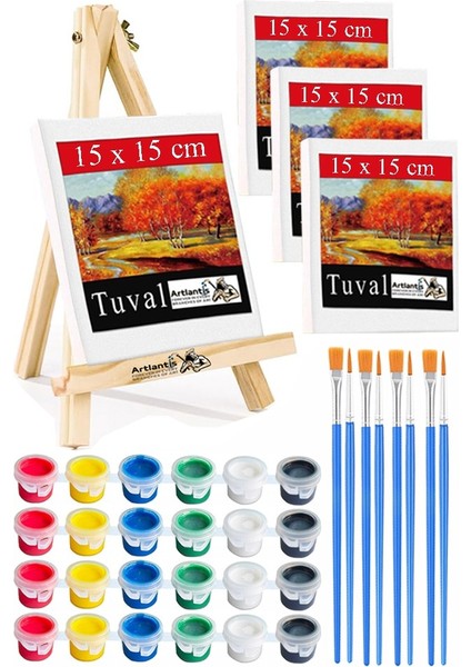 Mini Şövale 15X15 cm Tuval 3 ml Akrilik Boya 6 Renk ve Fırça 4 Adet 15X15 Mini Tuval Masaüstü Küçük Şövale Boyama Seti