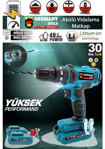 Darbeli Şarjlı Matkap, 15000 Mah, 2 Akülü, Çelik Şanzıman, Güçlü ve Dayanıklı