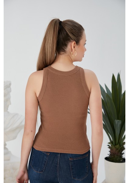 Bej Zargo Model Fitted/vücuda Oturan Geniş Biyeli Halter Yaka Fitilli Esnek Örme Crop Bluz