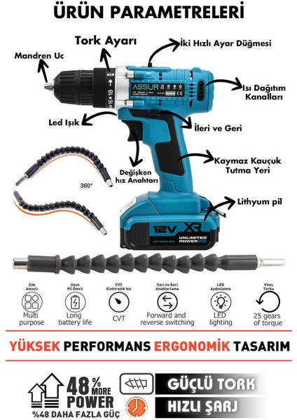 12V Şarjlı Matkap Çelik Şanzıman Bakır Sargılı Akülü Vidalama