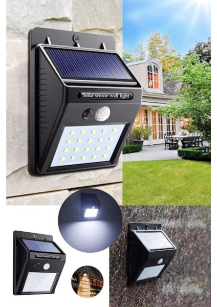 20 Led'li Sensörlü Solar Bahçe ve Balkon Duvar Lambası, Parlak ve Enerji Tasarruflu