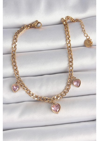 316L Çelik Gold Renk Zincir Sallantı Pembe Zirkon Taşlı Kalp Model Kadın Bileklik