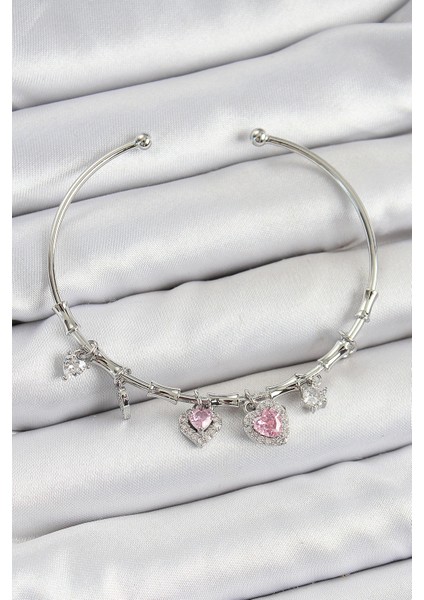 Pirinç Zirkon Taşlı Pembe Kalp Model Gümüş Renk Charm Bileklik