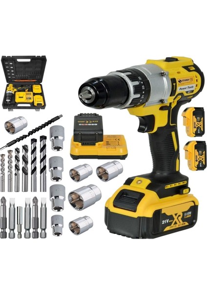 21V 13MM Metal Mandren Darbeli Çift Akülü Vidalama Matkap 27 Parça Set