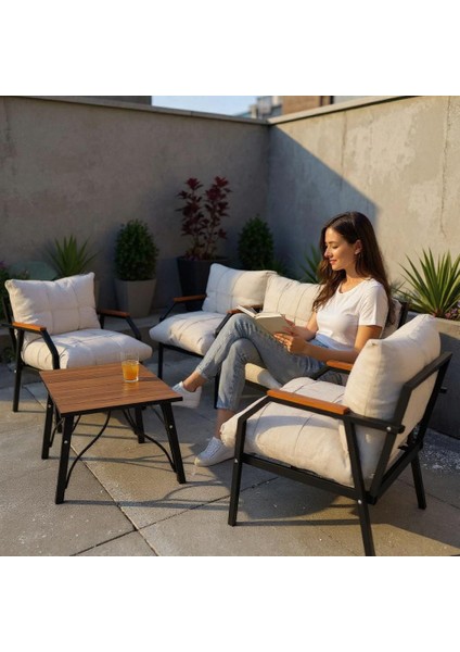 Metal Bahçe Mobilyası Takımı 2+1+1 ve Sehpa – Dış Mekan Oturma Grubu Balkon Teras Kafe Restoran Kullanımı Için – Modern ve Dayanıklı Tasarım
