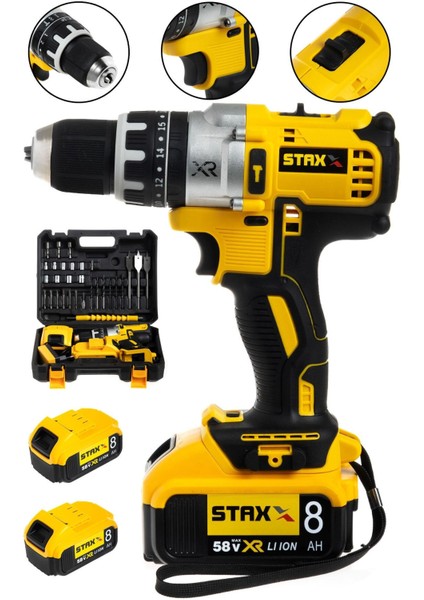 58V 8AH Çift Metal Şanzumanlı Akülü Darbeli Matkap ve 30 Parça Set