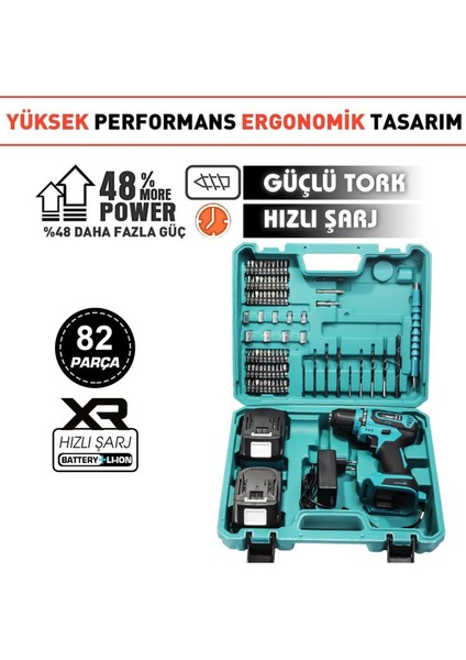 Mavi 82 Parça Akülü Vidalama Matkap Seti, Kömürsüz, Güçlü ve Hafif Tasarım
