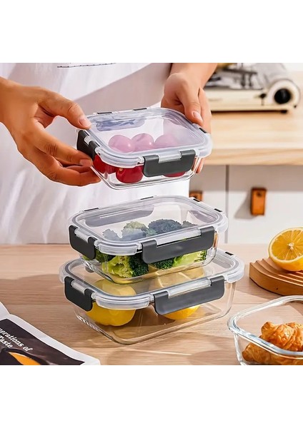 Cam Saklama Kabı 3 Lu Set (650 ml 1000ML 1500ML) Isıya Dayanıklı Cam - Plastik Sızdırmaz Kapaklı