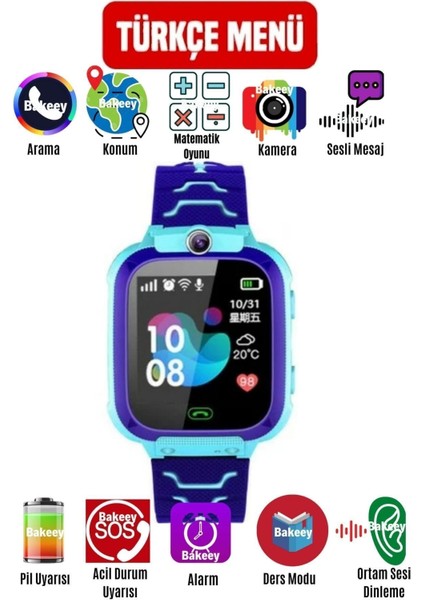 Mavi Renkli Çocuk Akıllı Saat, Güvenli Konum Takipli, Sim Kartlı, Eğlenceli ve Kullanışlı