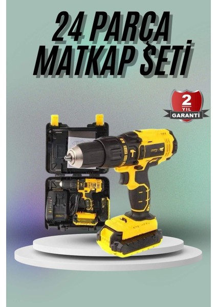24 Parça Matkap Seti, Çift Bataryalı, Darbeli, LED Işıklı Vidalama