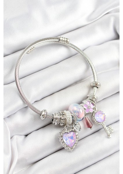 316L Çelik Pembe Zirkon Taşlı Yıldız Anahtar ve Kalp Model Gümüş Renk Charm Bileklik