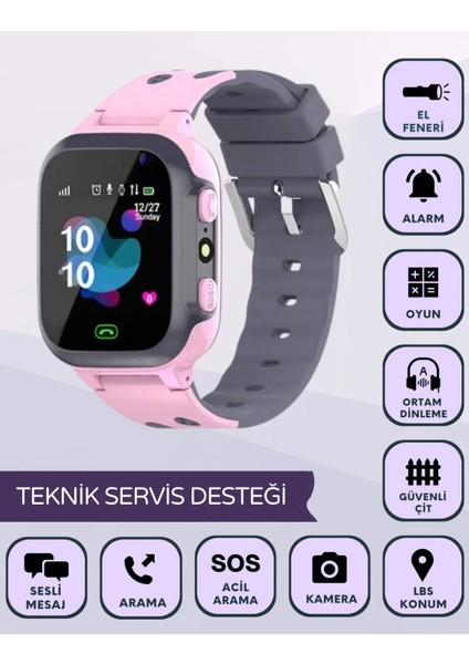 Pembe Akıllı Çocuk Saati, Kamera, Sos, Lbs Takibi, Q12 Sım Kartlı, Güvenle Kullanın