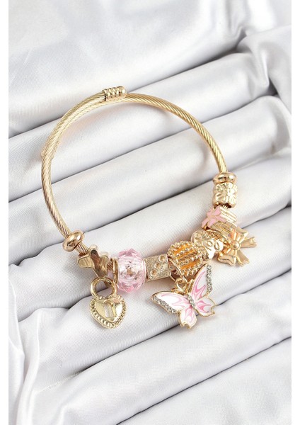 316L Çelik Pembe Zirkon Taşlı Kelebek Fiyonk ve Kilit Model Gold Renk Charm Bileklik