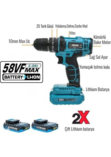 24V Kablosuz Matkap Seti, Akülü, Torklu, Delme, Vidalama, 10 Ucu, 2 Akü