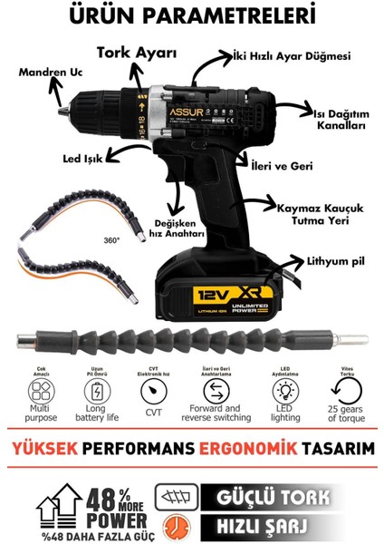 12V Çelik Şanzıman Bakır Sargılı Çift Akülü Matkap Vidalama
