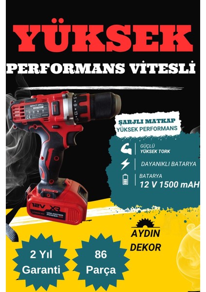 86 Parça 12V Çift Vitesli Şarjlı Matkap Seti Yüksek Tork Gücü