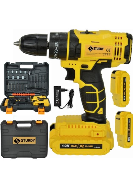 12V 10MM Metal Mandrenli Darbeli Çift Akülü Vidalama Seti 27 Parça Sarı
