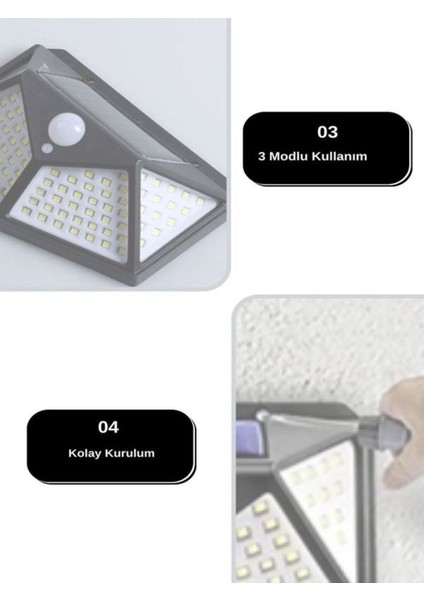 Siyah 100 LED Solar Hareket Sensörlü Bahçe ve Ev Aydınlatma Lambası