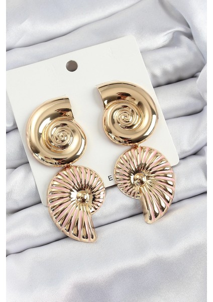 Pirinç Sarmal Sallantılı Deniz Kabuğu Vintage Model Gold Renk Küpe