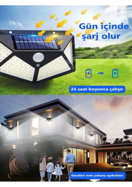 Siyah 100 LED Solar Hareket Sensörlü Bahçe ve Ev Aydınlatma Lambası