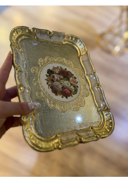 Esterhomedecor 6’lı Tek Kişilik Orijinal İtalyan Gül Ağacı Çiçekli Dikdörtgen Sunum Tepsisi Krem 30CM Masi