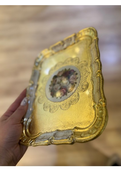 Esterhomedecor 6’lı Tek Kişilik Orijinal İtalyan Gül Ağacı Çiçekli Dikdörtgen Sunum Tepsisi Krem 30CM Masi