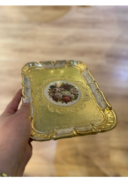 Esterhomedecor 6’lı Tek Kişilik Orijinal İtalyan Gül Ağacı Çiçekli Dikdörtgen Sunum Tepsisi Krem 30CM Masi