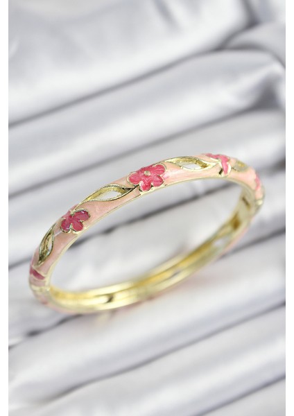 Erb Mineli Pirinç Pembe Çiçek Motifli Gold Renk Kadın Kelepçe