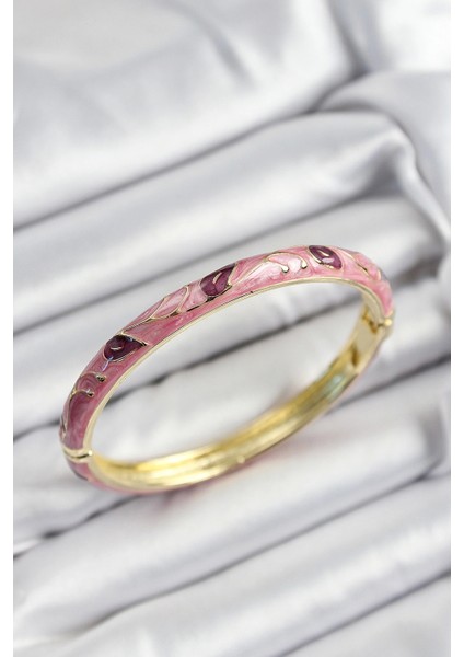 Mineli Pirinç Pembe ve Fuşya Yaprak Motifli Gold Renk Kadın Kelepçe