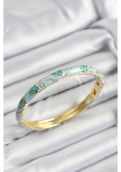 Erb Mineli Pirinç Turkuaz Çiçek Motifli Gold Renk Kadın Kelepçe