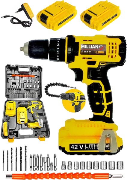 42V 5AH Çift Akülü Metal Şarjlı Matkap 27 Parça Uç Seti