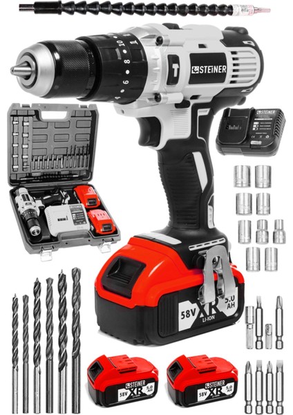 13MM 58V 5AH Çift Xr Akülü Vidalama Matkap, Metal Mandrenli, Şarjlı, Güçlü ve Dayanıklı