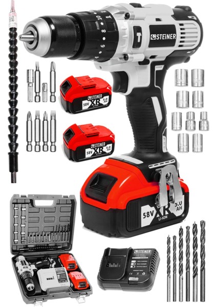 13MM 58V 5AH Çift Xr Akülü Vidalama Matkap, Metal Mandrenli, Şarjlı, Güçlü ve Dayanıklı