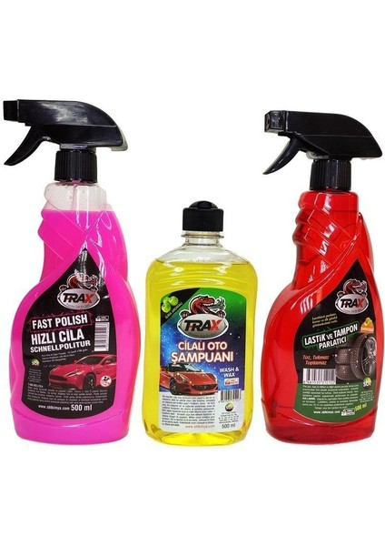 3'lü Yıkama Seti - Hızlı Cila - Cilalı Şampuan - Lastik Parlatıcı - T-Rax
