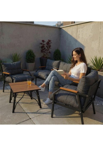 Metal Bahçe Mobilyası Takımı 2+1+1 ve Sehpa – Dış Mekan Oturma Grubu Balkon Teras Kafe Restoran Kullanımı Için – Modern ve Dayanıklı Tasarım