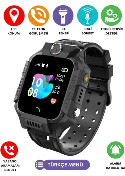 Siyah Çocuk Akıllı Saat, Sim Kartlı ve Kayıtlı, Güvenli ve Eğlenceli Kullanım