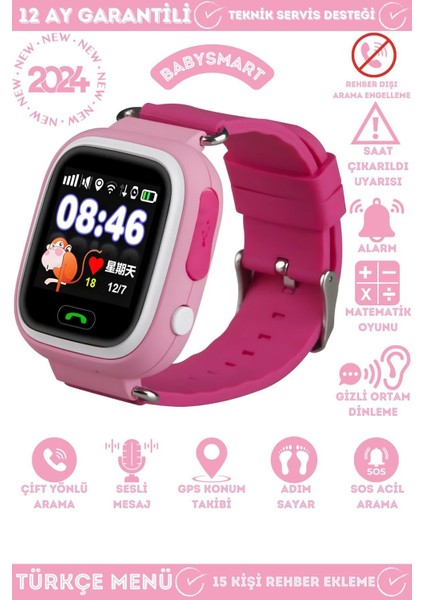 Pembe Akıllı Çocuk Takip Saati, Sim Kartlı, Gizli Dinleme, Güvenli ve Eğlenceli Kullanım