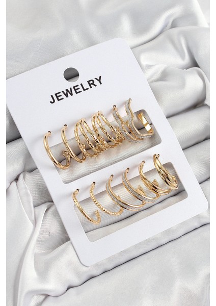 Pirinç Karışık Halka Model Gold Renk 6 Çift Kadın Küpe Set