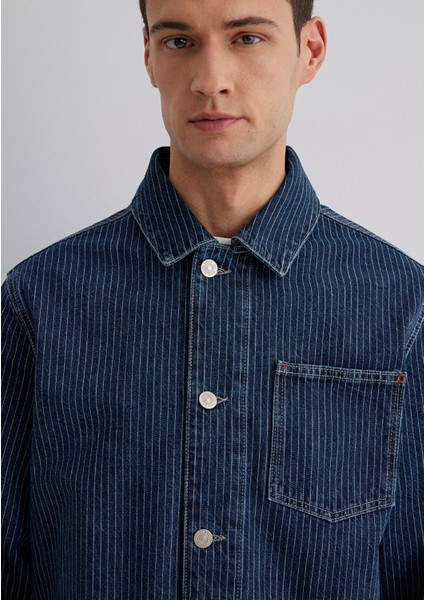 Victor Mavi Premium Indigo Mavisi Çizgili Jean Ceket 0110383-89304
