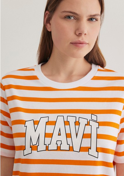 Mavi Logo Baskılı Çizgili Turuncu Tişört 1611360-89585