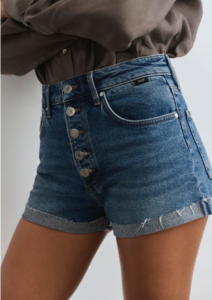 Fiora 90LAR Puslu Indigo Mavisi Jean Şort 1411222-89780