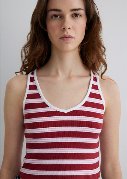 Bordo Çizgili Crop Atlet 1613086-89810