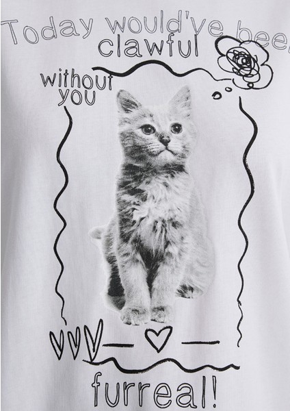 Kedi Baskılı Beyaz Tişört 1613095-620
