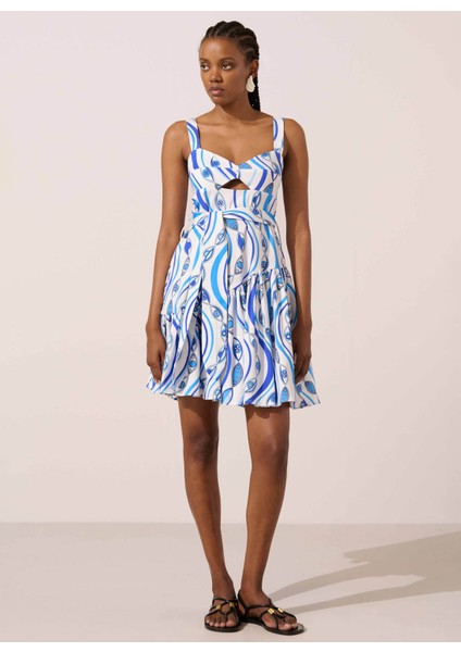 Kalp Yaka Desenli Mavi Kısa Kadın Elbise Ocean Eyes Selena