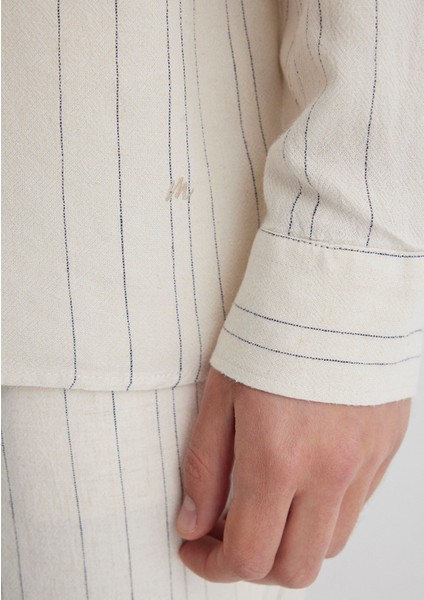 Keten Karışımlı Çizgili Ekru Gömlek 0211617-83884