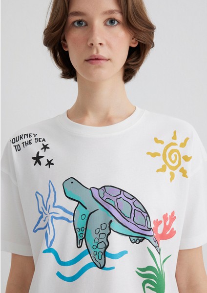 Indigo Turtles Baskılı Ekru Tişört 1613532-70057